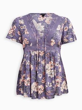Torrid purple floral botanical crinkle babydoll crochet insert top blouse